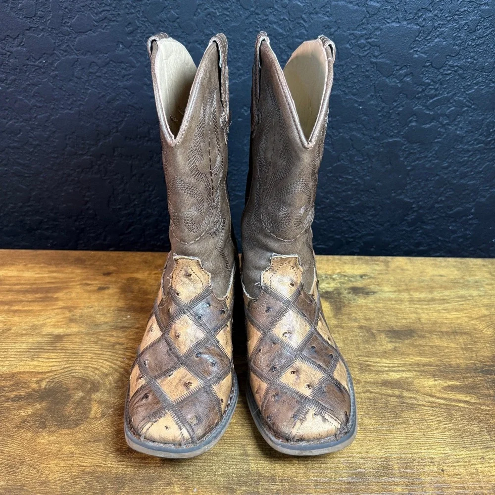 Roper Patchwork Faux Ostrich 09-018-1902-2102 Bronze Synthetic Boots Kids 12